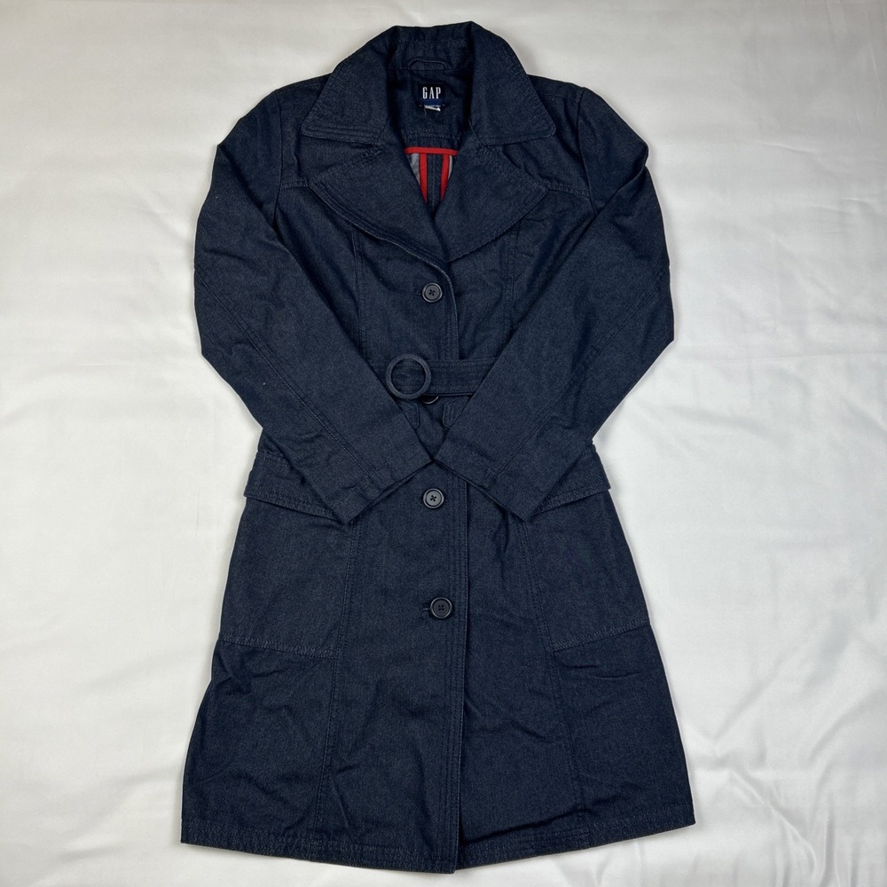 VTG GAP Y2K Denim Duster Trench Coat Women's Sz S Long Blue Jean Jacket Belted
